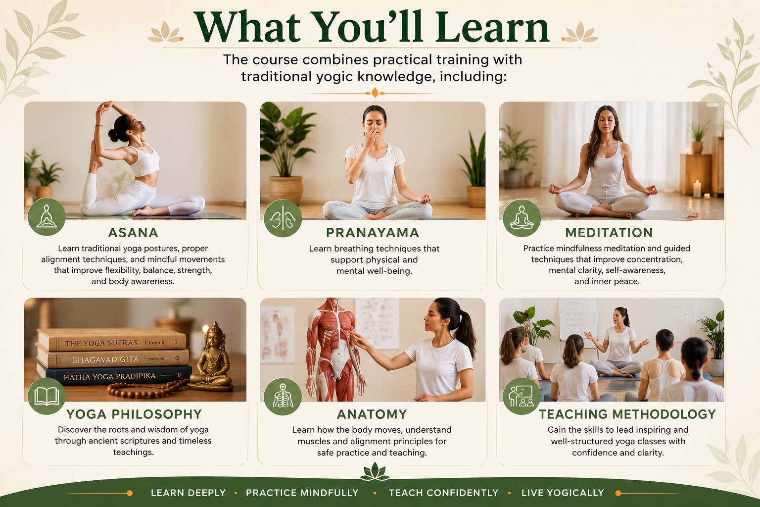 200 Hour Yoga Teacher Training in India curriculum covering Asana, Pranayama, Meditation, Yoga Philosophy, Anatomy, and Teaching Methodology.